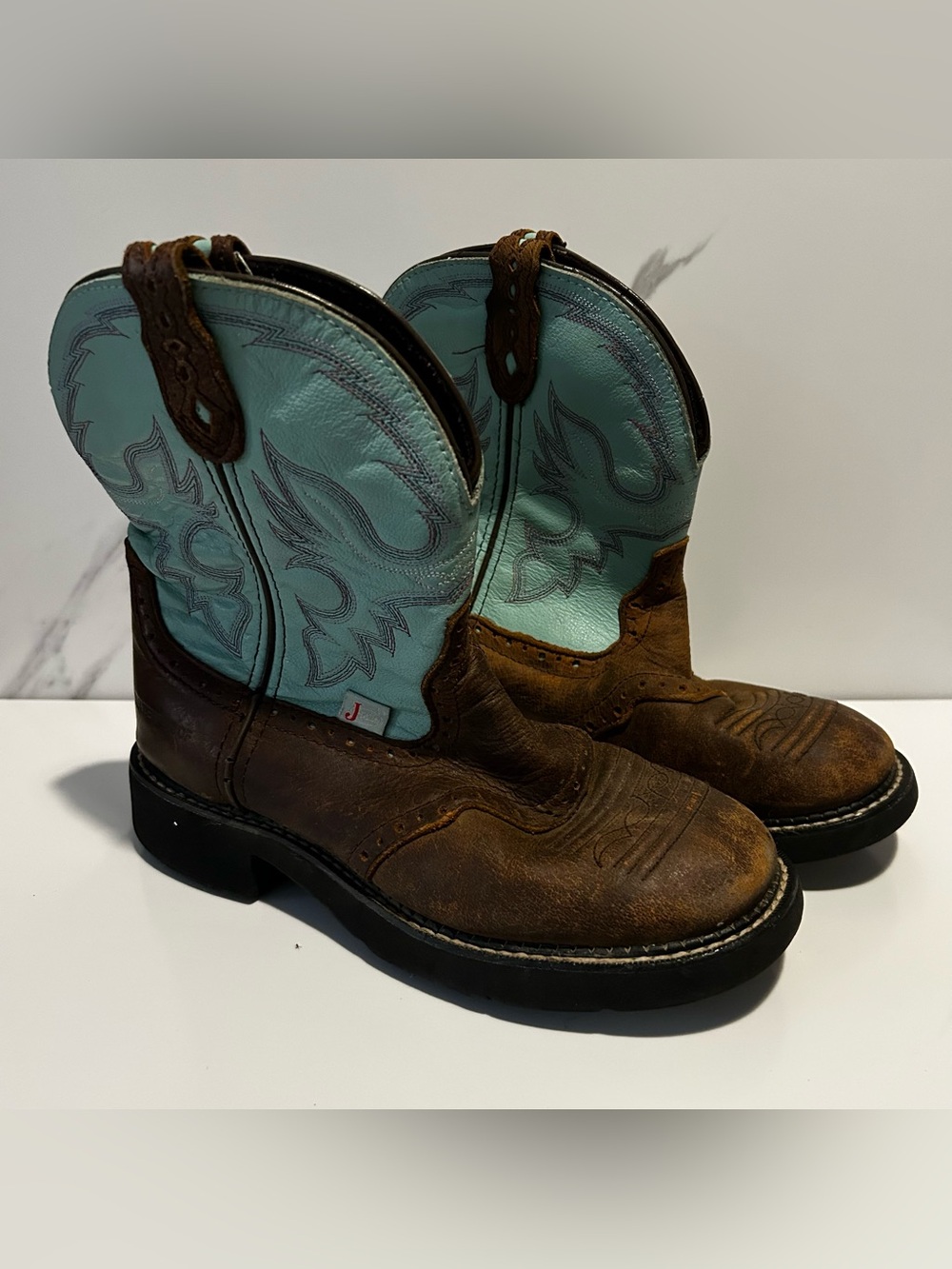 Kids Brown Leather Western Boots with Turquoise Shaft